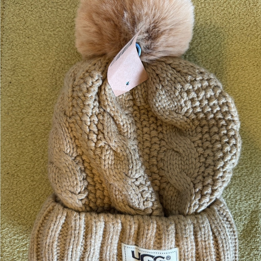 UGG Cable Knit Beanie with Pom-Pom - Tan
